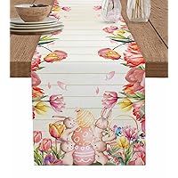 Spring Easter Table Runner 60 Inches Long for Dining Table, Washable Cotton Linen Farmhouse Table Runners Dresser Scarf for Kitchen Party Holiday Rabbit Egg Watercolor Tulip Flowers