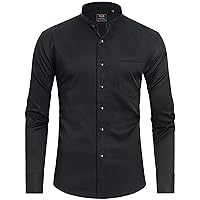 J.VER Mens Banded Collar Dress Shirts Long Sleeve Button Down Mandarin Collar Shirt Solid Stretch Shirt with Pocket