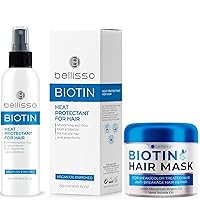 BELLISSO Biotin Hair Mask - Volume Boost and Deep Conditioner for Dry, Damaged Hair and Biotin Heat Protectant Spray for Hair with Moroccan Argan Oil - Leave in Deep Conditioner for Dry Damaged Hair
