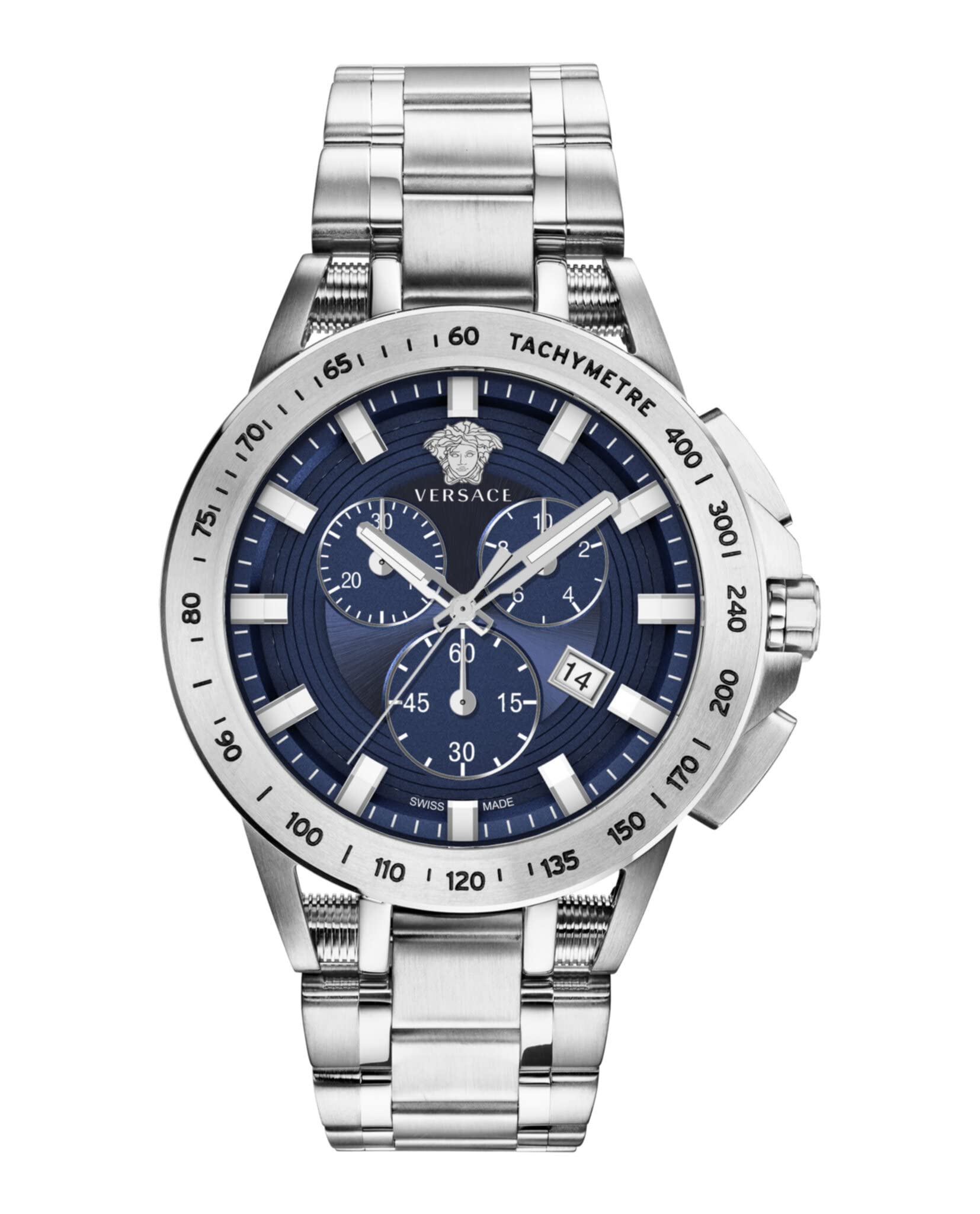 Versace Sport Tech Collection Luxury Mens Watch Timepiece with a Silver Bracelet Featuring a Stainless Steel Case and Blue Dial
