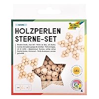 22520 - Wooden Beads Stars Set Nature, Craft Set with 160 Wooden Balls and a Natural-Coloured Cord for Threading, for Crafts of Stars and Pendants