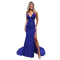 Sparkly Sequin Prom Dresses Mermaid V-Neck Cutouts Evening Gowns with Slit