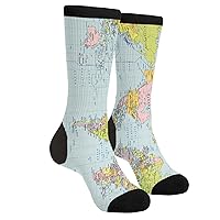 World Map Vintage Casual Cool 3D Printed Crazy Funny Colorful Fancy Novelty Graphic Crew Tube Socks, Black and White, One Size