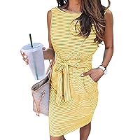 MEROKEETY Womens Summer Sleeveless Striped T Shirt Dress Casual Crew Neck Tie Waist Mini Dresses