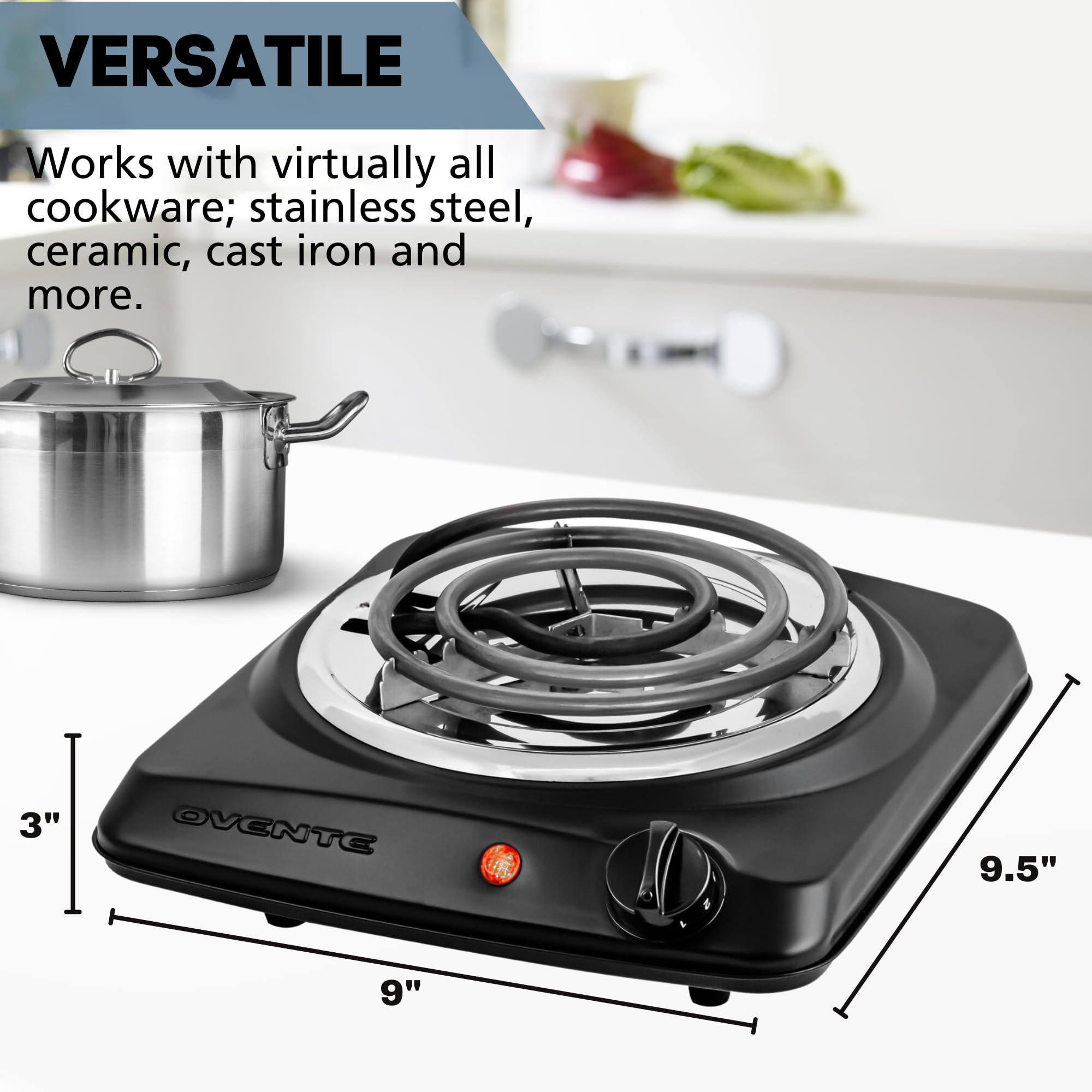 OVENTE Electric Single Coil Burner 6 Inch Hot Plate Cooktop with 5 Level Temperature Control and Easy to Clean Stainless Steel Base, Portable Countertop Stove for Home, Dorm or Office, Black BGC101B