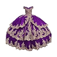2022 Gold Flower Embellishment Ball Gown V Neck Quinceanera Prom Puffy Mexican Theme Party Long