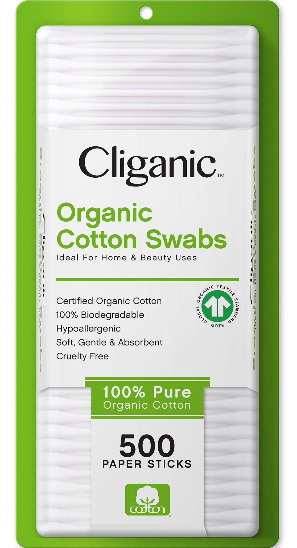 Cliganic Organic Cotton Swabs, 500 Count - 100% Pure Natural Cotton, Chlorine-Free Hypoallergenic, Soft, Gentle & Absorbent Buds