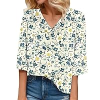XJYIOEWT Tshirts Shirts for Women Cotton V Neck Women Floral Print T Shirt V Neck Flowing Three Quarter Sleeves Casual