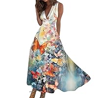 Spring Dresses for Women 2024 Sundress Blue Women Long Summer Sleeveless V-Neck Waist Retraction Printed Dress