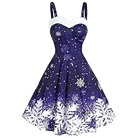 Christmas Spaghetti Strap Vintage Swing Dresses for Women Snowflake Printed Cocktail Dress A-Line Pleated Dresses