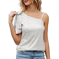 JASAMBAC Sparkly Sequin Tops for Women One Shoulder Slimming Sexy Asymmetrical Glitter Tops Sparkle Party Shirts