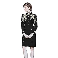 LAI MENG FIVE CATS Women's Black Collared Neckline Embroidery Button up Long Sleeve Midi Dress