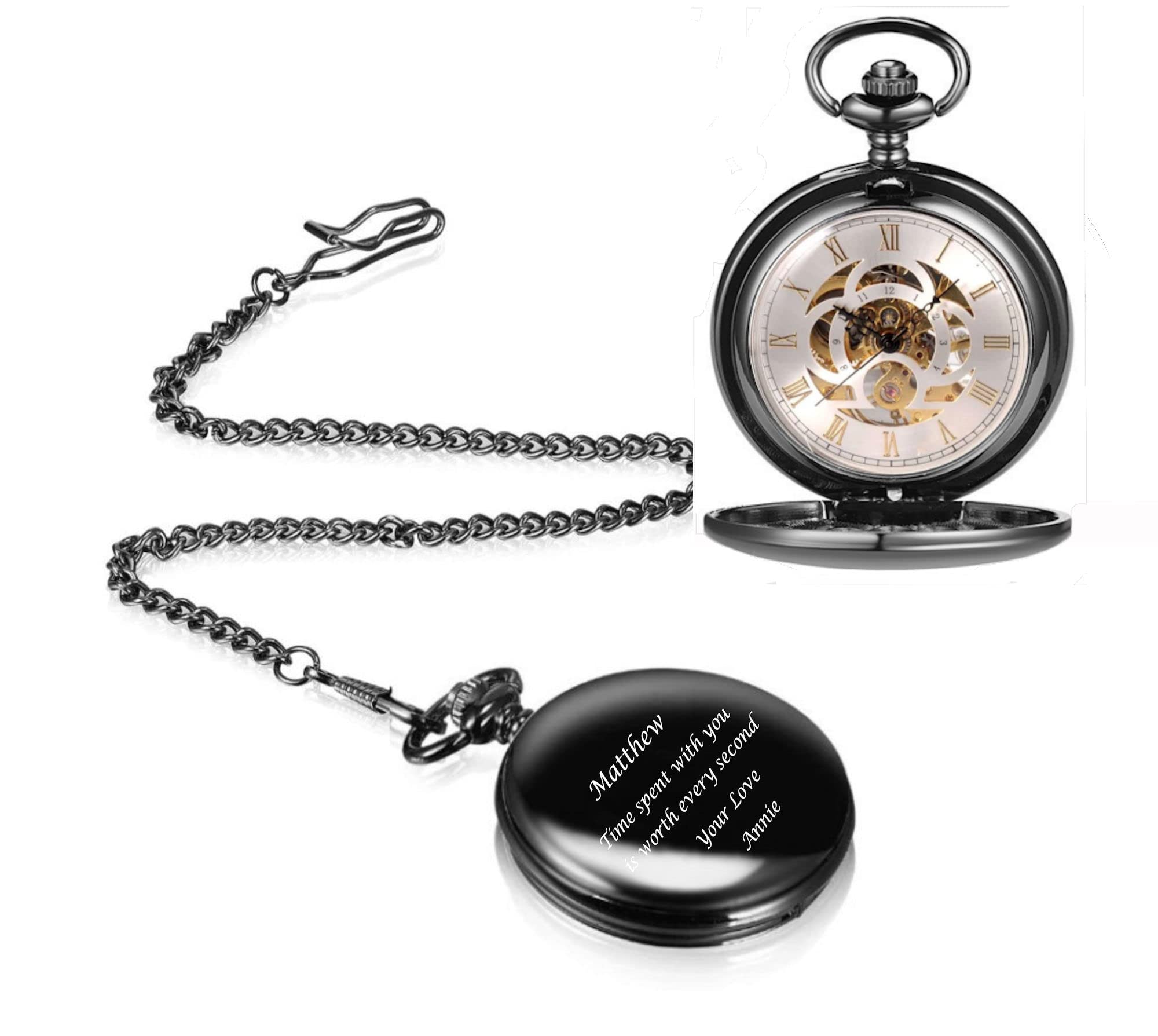 Personalized Antique Mechanical Movement Gunmetal Pocket Watch Custom Engraved Free with Gift Box - Ships from USA, PW51