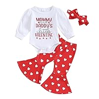 Infant Baby Girl Valentines Day Outfit Ribbed Puff Sleeve Romper Bell Bottoms Pant Headband Cute Winter Clothes