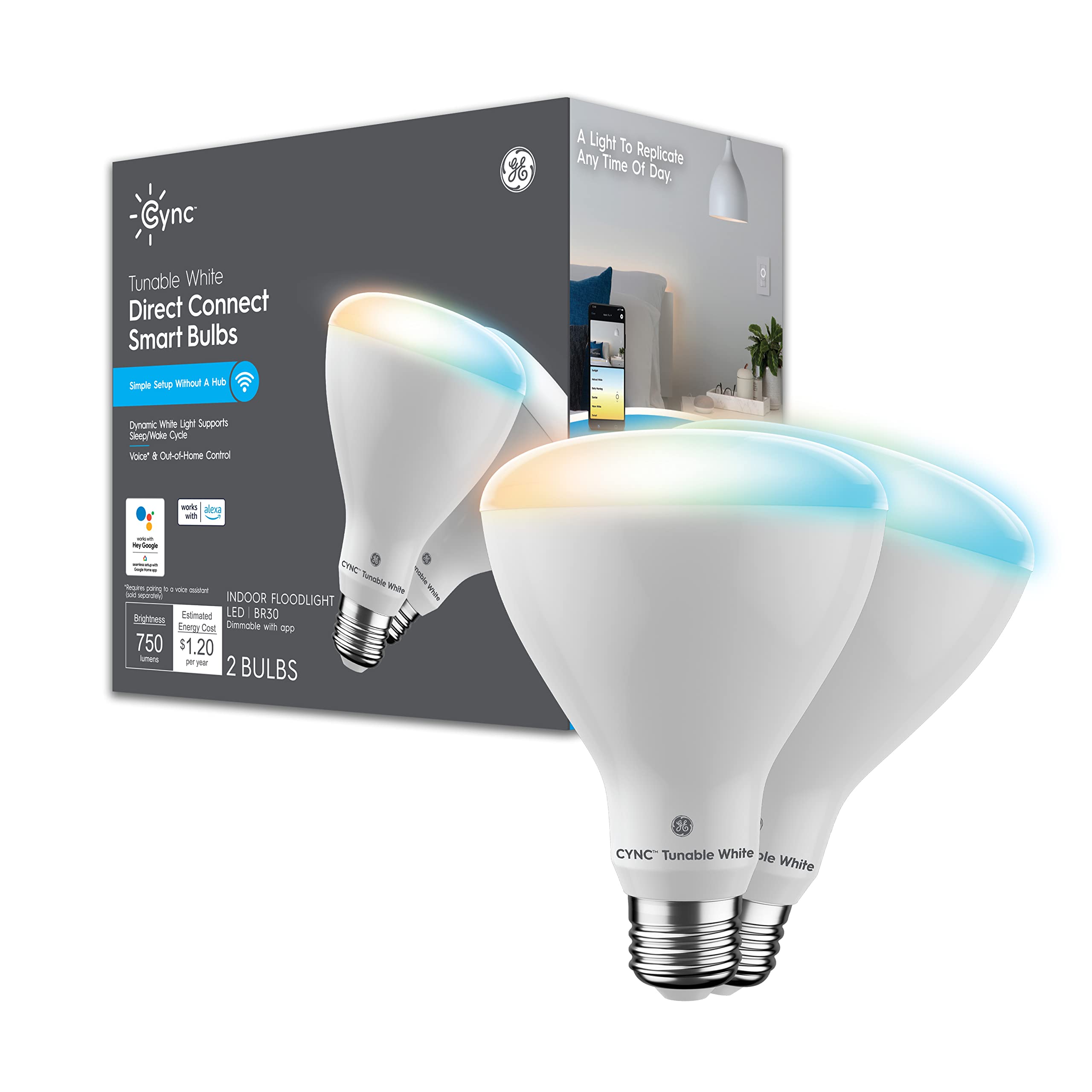 GE Lighting CYNC Smart LED Light Bulbs, White Tones, Bluetooth and Wi-Fi Lights, Works with Alexa and Google Home, BR30 Indoor Floodlight Bulbs (Pack of 2)65 watts