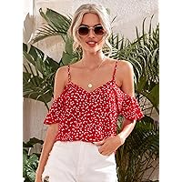 Women's Tops Sexy Tops for Women Women's Shirts Allover Heart Print Cold Shoulder Ruffle Detail Top (Color : Red, Size : Small)