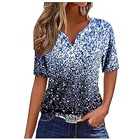 Women's Eyelet Embroidery T Shirts Short Sleeve V Neck Slim Fit Tops Button Up Breathable Vintage Tees