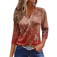 Womens Henley,3/4 Length Sleeve Womens Tops Button Henley V Neck Shirts Henley 2024 Summer Blouses Dressy Fashion Print Clothes Womens 3/4 Sleeve T Shirts