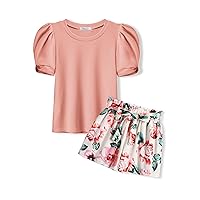 Arshiner Girls 2 Piece Summer Outfits Knit Twist Puff Sleeve Top and High Waist Paper Bag Shorts Set with Pockets
