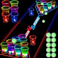 45 PCS Glow in the Dark Beer Pong Table Mat, Drinking Game Pong Game with Party Cups, Glow Pongs for Indoor Outdoor Party Game Party Supplies Decoration Flashing&Red&Blue