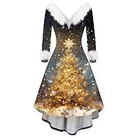 Women's Christmas Dresses V-Neck Swing Dresses Long Sleeve Casual and Fashionable Dress Furry Collar Vintage Dress