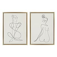 Sylvie Thinking of You Line Art and Sitting Beauty Framed Canvas Set by Rachel Lee of My Dream Wall, 2 Piece 18x24, Gold, 2