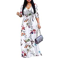Women's Plus Size Maxi Dress with Belt - Casual Summer Sundress with Flattering V-Neck and 3/4 Sleeves