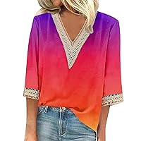 Ladies Summer Tops Dressy Casual 3/4 Length Sleeve Shirts Fashion Loose Fit Graphic Tees Boho Lace V Neck T Shirts