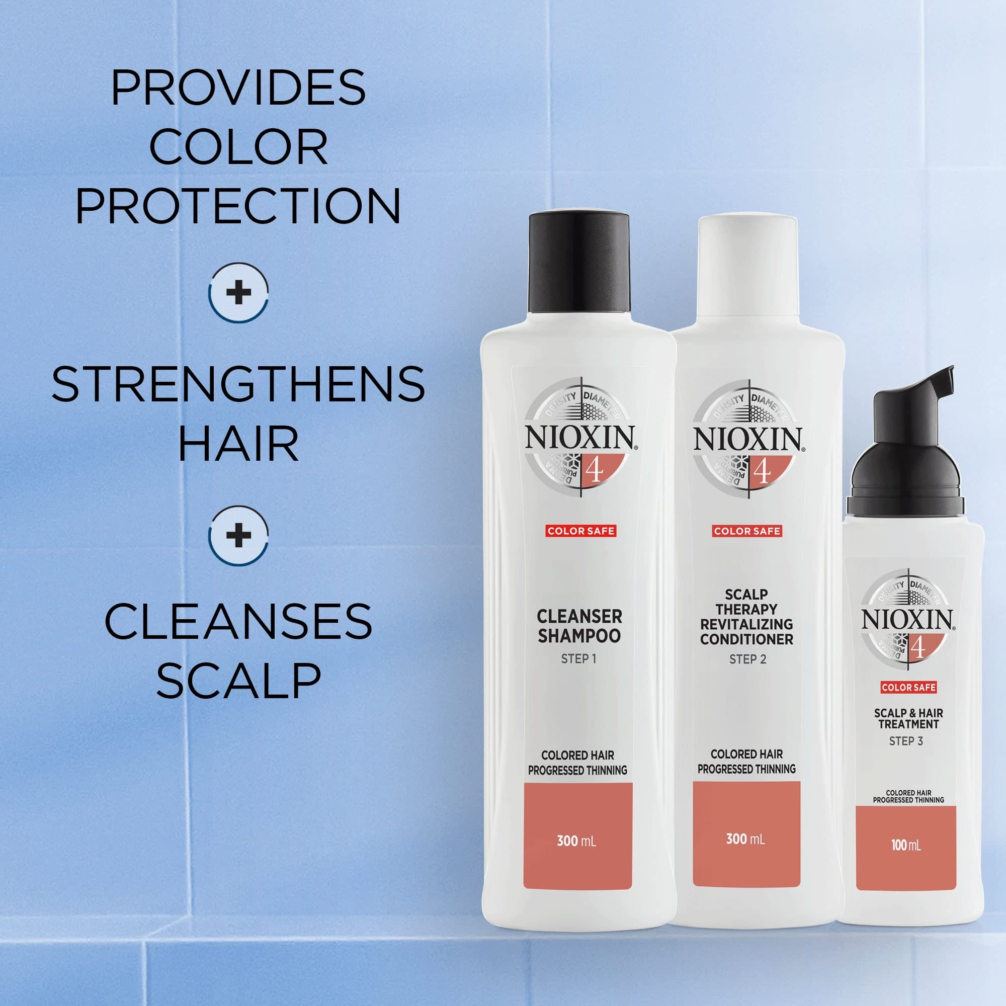 Nioxin System Kit 4, Hair Strengthening & Thickening Treatment, Treats & Hydrates Sensitive or Dry Scalp, For Color Treated Hair with Progressed Thinning, Full Size (3 Month Supply)