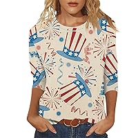 4Th of July Tops for Women Summer 3/4 Sleeve T Shirts Crew Neck Shirts Flag and Stars Graphic Tees Casual Blouses