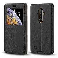 Ulefone Armor X8 Case, Wood Grain Leather Case with Card Holder and Window, Magnetic Flip Cover for Ulefone Armor X8 Black