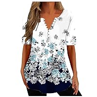 Women's Floral Tunic Tops Casual Dressy Blouse V Neck Short Sleeve Buttons Up T-Shirts Flowy Workout Blouses
