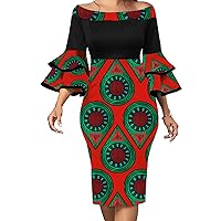 African Dress for Women Sexy Off Shoulder Short Ruffles Sleeve Bodycon Midi Dresses Party Club Night(Large)