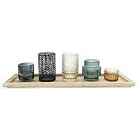 Bloomingville Embossed Glass & Metal Tealight Holders on Rectangle Wood Tray (Set of 6 Pieces) Votive Set, Multi, 6 Count