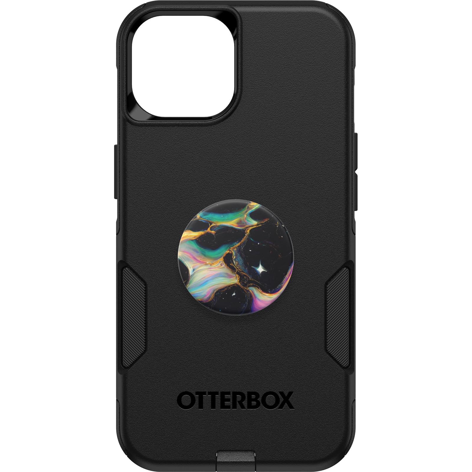 Bundle: Commuter Series Case for iPhone 13/14/15 - (BLACK) + PopSockets PopGrip - (ELECTRIC OIL SLICK), Slim, Tough, and Pocket-Friendly Case With Port Protection and Included PopGrip