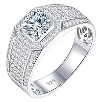Mens Moissanite Wedding Band Engagement Ring Solitaire Diamond 925 Sterling Silver Ring 1.5cttw D Color VVS1 Clarity Brilliant Round Cut Size 7-14