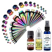 BodyJ4You 39PC Gauges Kit Ear Stretching Aftercare Jojoba Oil Saline Spray Bump Treatment | Single Flare Tunnel Plugs Expander Tapers | Multicolor Surgical Steel | Natural Recovery Solution Set