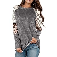 Color Block Long Sleeve Tops for Women Leopard Print Round Neck Long Sleeve Tunic Shirts Striped Causal Blouses Tops