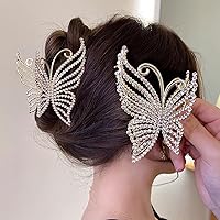 Butterfly Rhinestones Hair Claw Clips,Large Non Slip Strong Hold Hair Jaw Clips Inlaid with Bling Pearls, Elegant Fairy-like Hair Accessories for Women of Thick Thin Hair Headwear Gifts 1Pcs