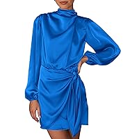BTFBM Women's Long Sleeve Satin Dress 2023 Summer Fall Mock Neck Ruched Tie Waist Silky Cocktail Party Mini Dresses
