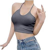 Womens Lace Up Backless Halter Crop Tops Y2K Sexy Slim Spaghetti Tank Tops Fashion Ribbed U Neck Cotton Undershirts