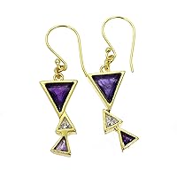 Amethyst And Cubic Zircon Gemstone Studded In Gold Plated Brass Handmade Dangling Earrings Jewelry For Her