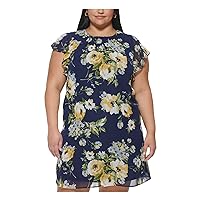 Jessica Howard Womens Blue Gathered Lined Keyhole Back Pullover Floral Flutter Sleeve Round Neck Above The Knee Shift Dress Plus 20W