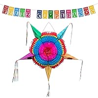 Mexican Piñata (X-Large 36 inches) + Feliz Cumpleanos Banner - Authentic Handmade Foldable Large Pinata - Feliz Cumpleaños Banner - Fiesta Birthday Party Decorations