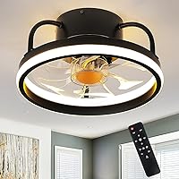 13''Flush Mount Ceiling Fans with Lights and Remote Control，Modern Enclosed Bladeless,Small Low Profile Ceiling Fan with Stepless Dimming Lighting Fixture for Bedroom Kitchen（Black