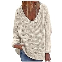 Sweaters for Women Wide V Neck Long Sleeve Hollow Out Cable Knit Oversized Pullover Sweater Tops Beige