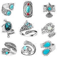NEWITIN 9 Pieces Turquoise Rings for Women Spoon Ring Adjustable Western Ring Feather Ring Boho Statement Rings Vintage Ring Turquoise Jewelry Gifts for Women Girls