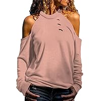 Dokotoo Women's Casual Loose Cold Shoulder Tops Halter Neck Hollowed Out Long Sleeve Shirts