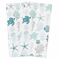 Turquoise Coastal Kitchen Towels 2 Pack Dish Towels for Kitchen, Nautical Summer Beach Coral Sea Turtle Absorbent Microfiber Hand Towels for Bathroom, Soft Tea Towels Bar Towels, 18 x 28 Inch