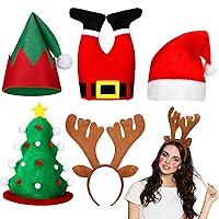 5 Pieces Christmas Hats and headband Set Include Santa Pants Design Hat, Christmas Elf Hat, Plush Christmas Tree Design Hat, Plush Christmas Hat, Reindeer Headband for Christmas Holiday Party Favors